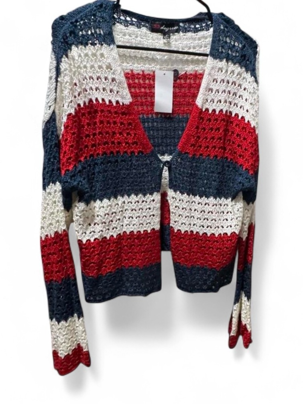 NWT 33 Degrees Americana Open-Knit Cardigan Sweater - Red, Navy & White Sz S